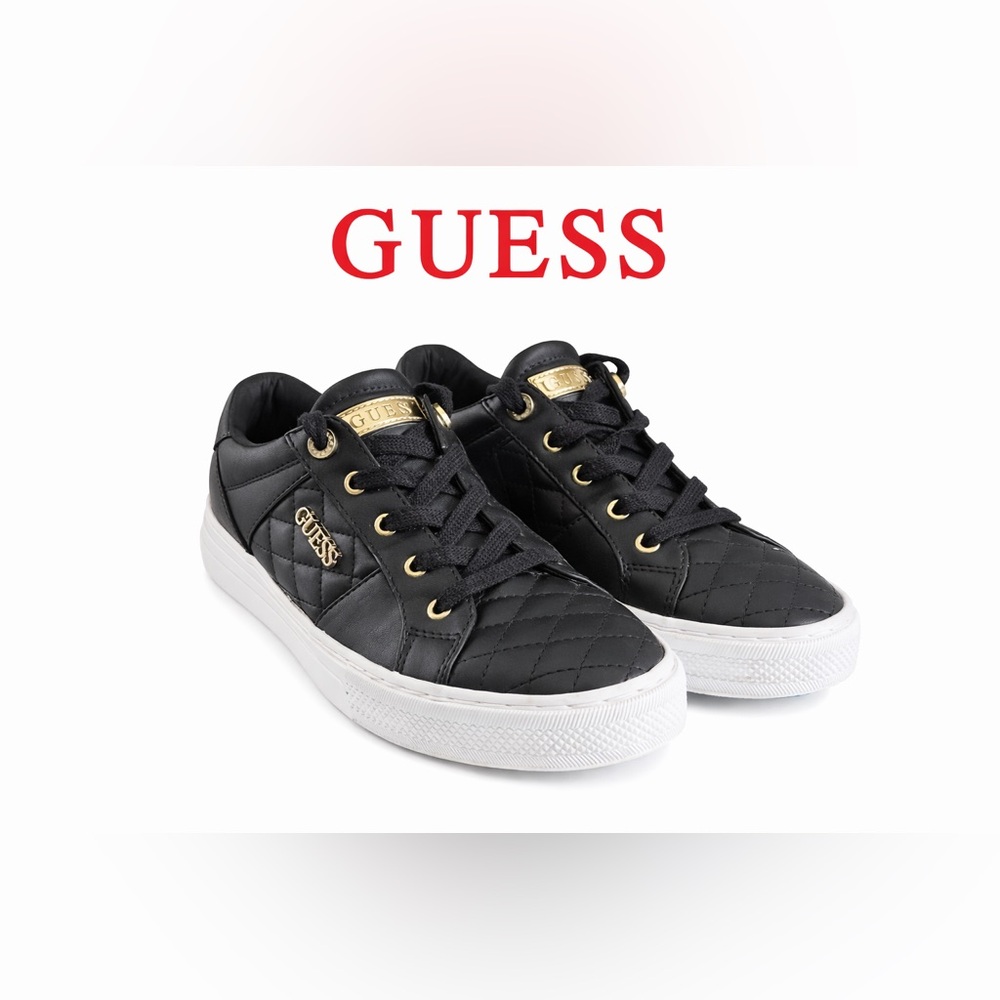 GUESS GWLOVEN Quilted Black Leather Sneakers Gold Logo Size 8.5